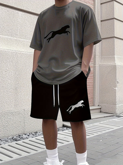 Leopard Print 3D Printed Men's Casual Sportswear Set - Breathable Polyester Knit Fabric, Crew Neck Short Sleeve T-Shirt and Shorts Combo, Regular Fit for All Seasons
