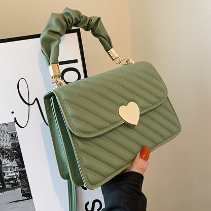 Women'S Fashion Shoulder Bag, Korean Version, Faux Leather, Quilted Solid Color, Heart Accent, Removable Strap, Magnetic Closure, Synthetic Faux Leather Lining, Painted Edges, Versatile Crossbody Purse - Available in Black, R