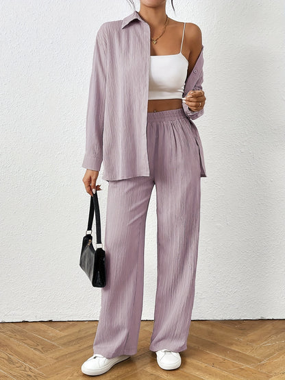 2pcs Women Spring & Autumn Casual Solid Color Long Sleeve Shirt And Pants Set