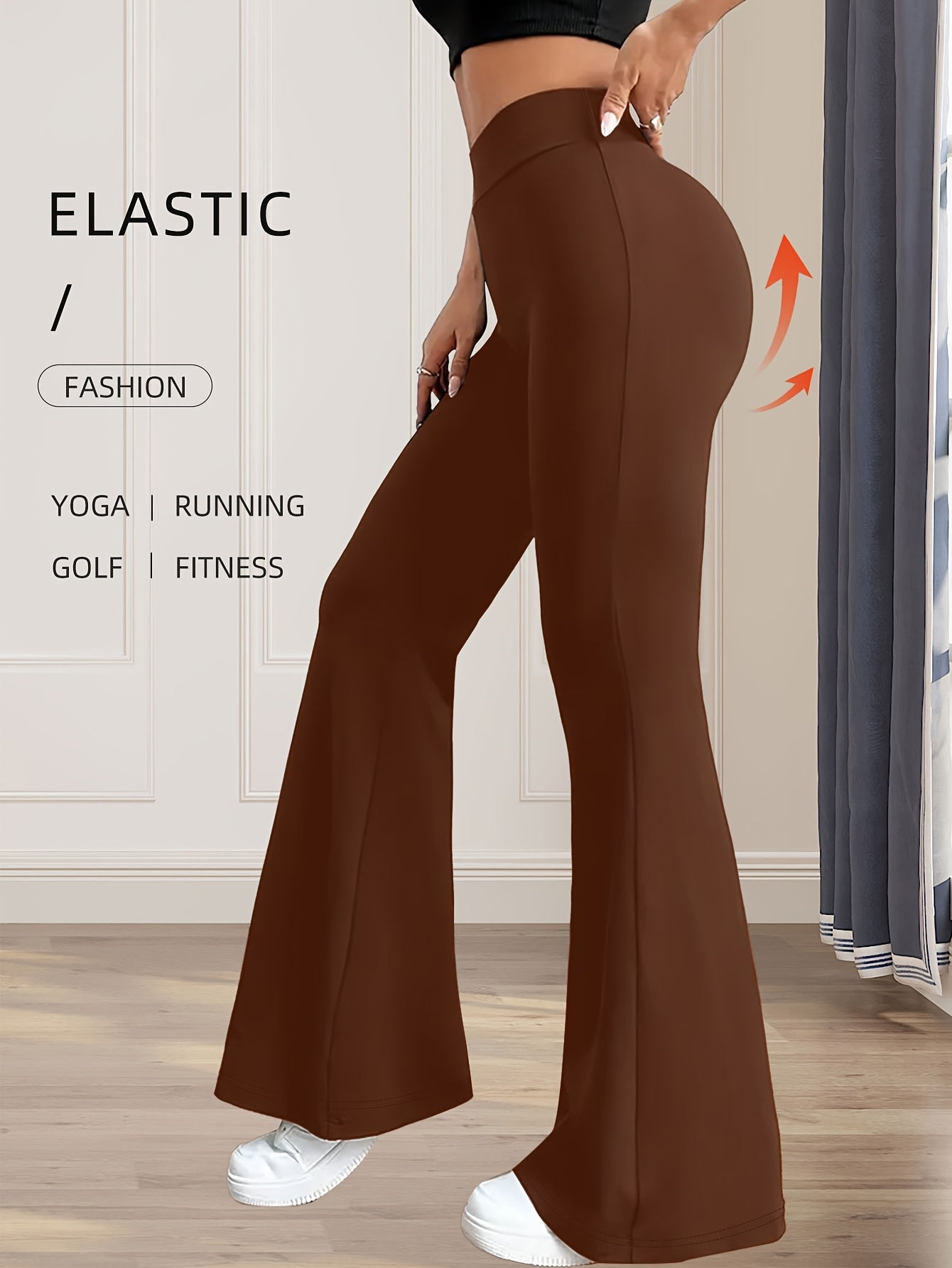 High-Waisted Flared Leggings for Women - Stretchy Black Polyester Pants with Tummy Control, Slimming Fit, and Breathable Design for Spring/Summer/Fall Casual Wear, Spring Summer Leggings | Fitted Leggings | Elastic Waistband