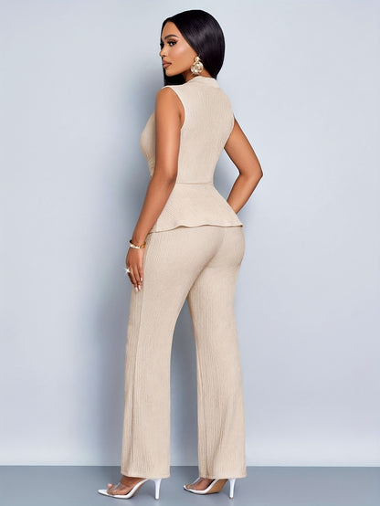 Women'S Elegant Beige V-Neck Sleeveless Top + Wide-Leg Pants Two-Piece Set, Asymmetrical Hem Two-Piece Casual Attire for Women, Spring And Summer Sleeveless Short Shirt Outfit, Office Wear for Mature Women, Business Casual St