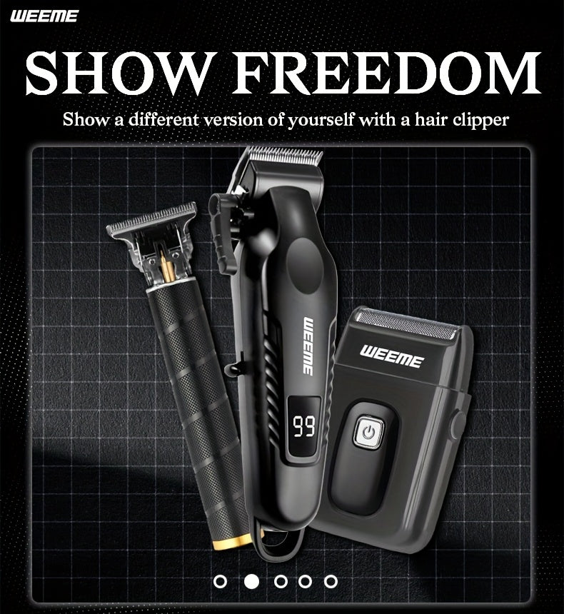 WEEME Men'S Grooming Three-Piece Set Multifunctional Electric Clipper Trimmer with Alloy Stainless Steel Blade Three-Speed Adjustment USB Fast Charging LCD Power Display Ultra-Long Battery Life Essential for Home Travel Car B
