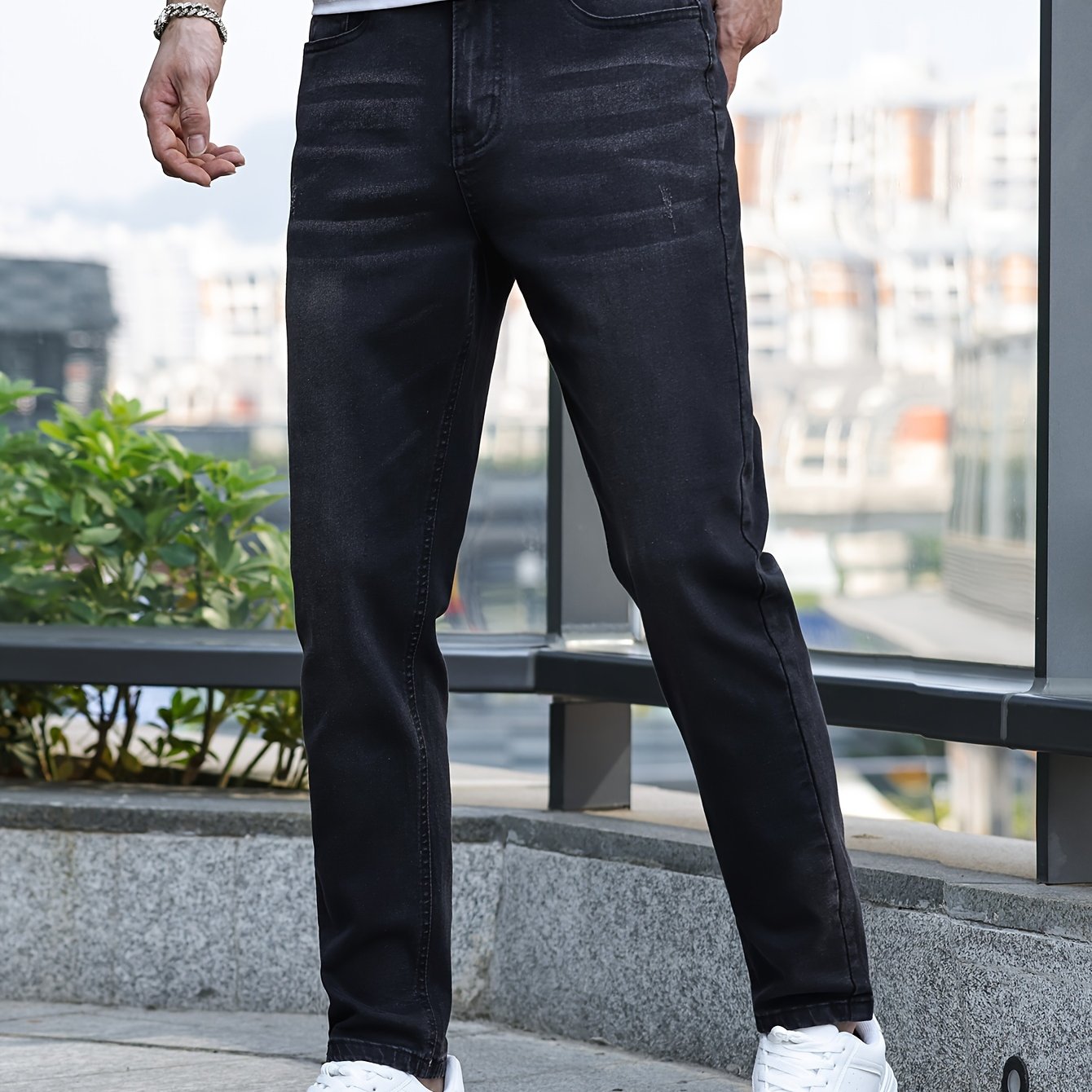 Men's Solid Skinny Cotton Blend Denim Jeans, All Seasons Wearable Medium Stretch Washed Jeans, Suitable For Daily And Outing Wear