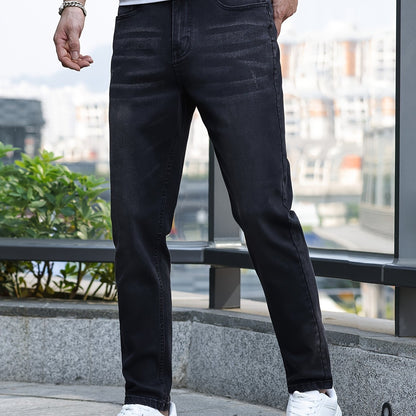 Men's Solid Skinny Cotton Blend Denim Jeans, All Seasons Wearable Medium Stretch Washed Jeans, Suitable For Daily And Outing Wear