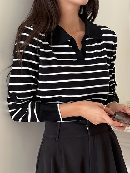 Chic Black & White Striped Collared Sweater for Women - Casual V-Neck, Long Sleeve, High Stretch Viscose Blend, Easy Care, Perfect with A-Line Skirts
