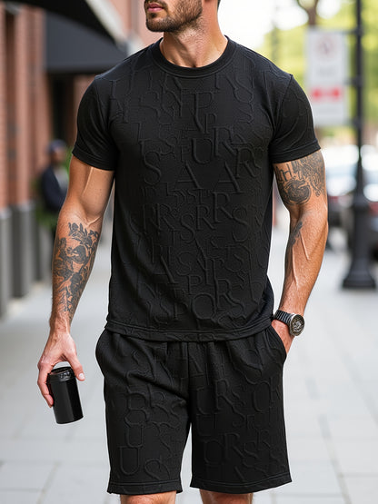 European and American Style Men's Fashion Set with Letter Pattern Round Neck Short Sleeve T-shirt + Shorts