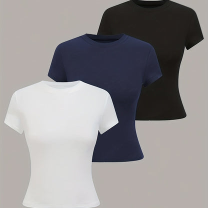 3pcs Women'S Basic Crew Neck Short Sleeve Crop T-Shirts in Black, White, and Gray - Slim Fit, Stretchy Polyester Blend, Cute & Versatile for Spring/Summer, Casual Outings, Vacation Attire | Basic Crop Top | Textur