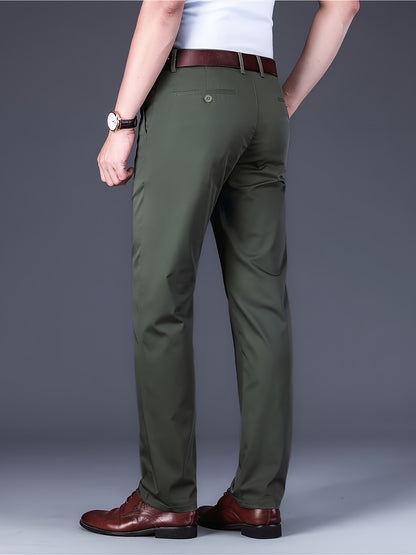 [Durable Build] Men's All-Season Casual Dress Pants - Business Style Stretch Trousers, Comfortable Classic Design, Light Brown Polyester Blend, Machine Washable, Smooth Finish, Regular Fit for Office or Leisure Wear