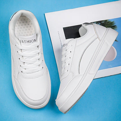 Youngsters' Fashion Sneakers - White PU Upper with Golden Accents, Comfortable & Lightweight Casual Running Shoes for Boys and Girls, All-Season Wear, Low-Top Lace-Up Design, Outdoor Youngsters's Footwear | Fabric Lined Inter