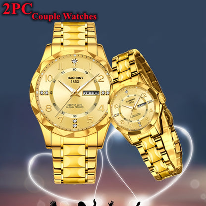 2pcs BNDBONY Brand Men And Women Couples Quartz Watch Stainless Steel Strap Scratch-Resistant Wear Luminous Pointer Digital Simple Hd Disc IPX7 Waterproof Fashion Multifunctional Couples Watch Holiday Couples Lover Birthday G