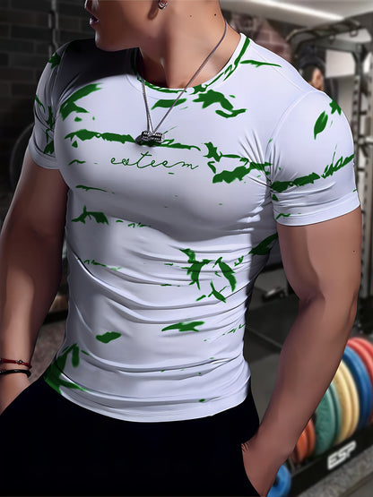 Men's High-Elasticity Anti-Tear Graffiti T-Shirt - Black & White Geometric Print, Tight-Fit Athletic Top for Gym, Running, Yoga & Casual Summer Wear, Gym Clothes, Highelastic Polyester, Short Sleeve Design