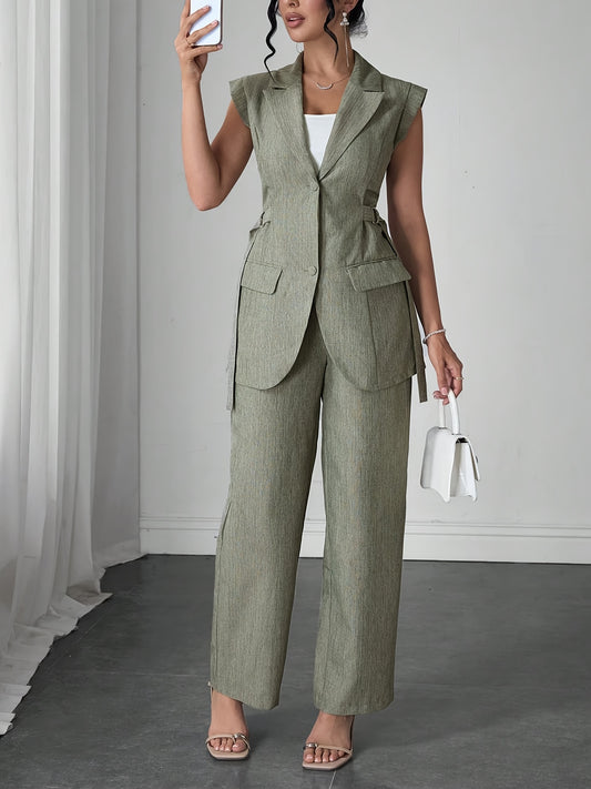 Stylish Women'S Elegant Modern Two-Piece Set with Side-Waist Design, Solid Color Sleeveless Jacket and Pants for Spring/Summer