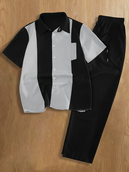 Men'S Casual Two-Piece Spring/Summer Color Block Short Sleeve Shirt and Pants Set - Polyester, Regular Fit, Button-Up with Pocket, No Belt, All-Season Wear, Casual Attire|Casual Style|Polyester Fabric