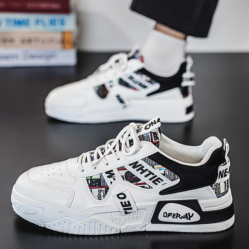 1 Pair MAINALUN Men'S Business Casual Sneakers - Lightweight, Durable, and Stylish for Outdoor Activities, Travel, and Daily Wear, White with Black Accents and Logo, Comfortable Lace-Up Design, Casual Footwear | Stylish Casua