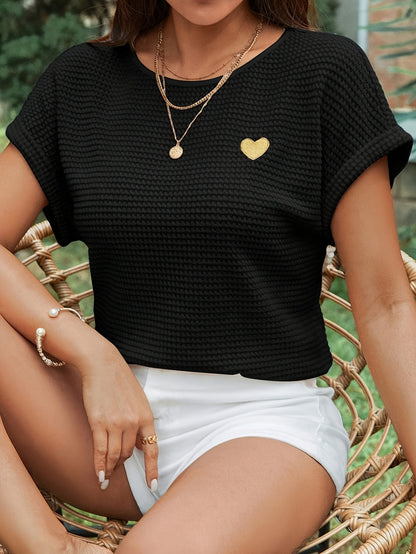 Women'S Brown Knit Short Sleeve Top with Golden Heart Design - Casual Spring/Summer Blouse, Casual Wear|Knit Texture|Short Sleeve Top