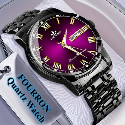 FOURRON Men'S Quartz Watch - Stainless Steel Band, Roman Numerals, Luminous, Waterproof, Ideal for Birthday & Holiday Gifts