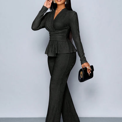Women'S Elegant Beige Two-Piece Suit with V-Neck and Long Sleeves, Asymmetrical Hem, Wide Leg Pants, and Clutch - Perfect for Office or Casual Wear, Casual Attire|Elegant Two-Piece Set|Asymmetrical Hemline