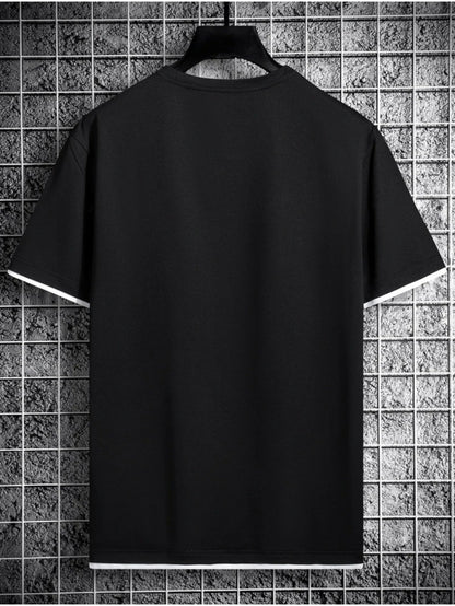 1pc of Men's black and white color-block round neck casual short-sleeve T-shirt