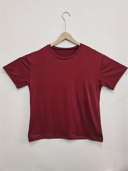 Y2K Retro American Casual Crew Neck T-Shirt, 100% Polyester Knit Fabric, Solid Color, Drop Shoulder Long Sleeve, Medium Stretch Pullover for Spring/Summer/Fall - Fashionable Loose Fit Tee