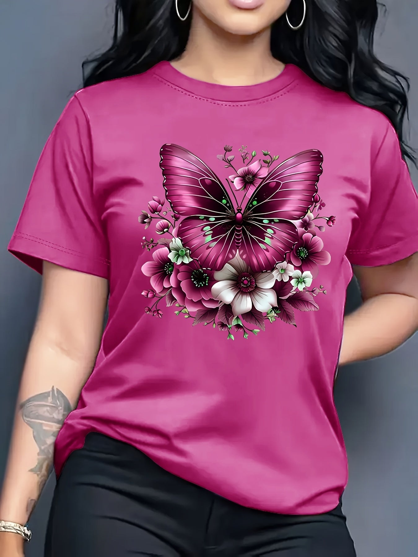 Women'S Floral Butterfly Print T-Shirt, Short Sleeve Crew Neck Casual Top for Spring & Summer, Vibrant Green with White & Blue Flowers, Perfect Birthday or Holiday Gift, Everyday Fashion | Vibrant Casual Top | Glossy Texture