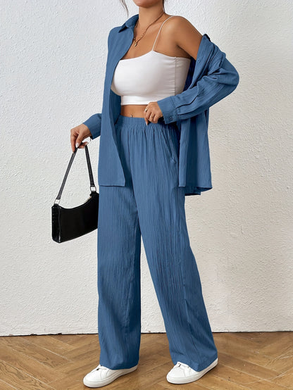 2pcs Women Spring & Autumn Casual Solid Color Long Sleeve Shirt And Pants Set