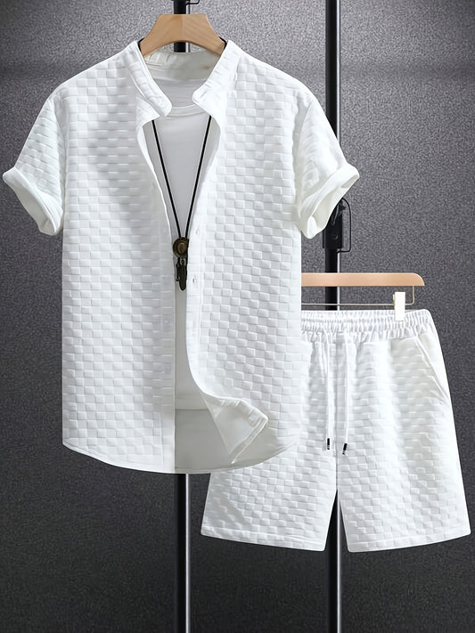 Men'S Casual Short Sleeve Button-Up Shirt & Shorts Set - Solid Black, Breathable Polyester Blend, Regular Fit for Summer, Everyday Comfort, Casual Summer Wear | Buttonup Shirt | Polyester Blend