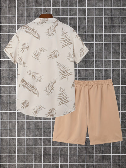 2-piece Men's Holiday Style Summer Outfit Set, Leafs Pattern Print Short Sleeve Button Up Lapel Shirt Top & Solid Drawstring Shorts With Pockets