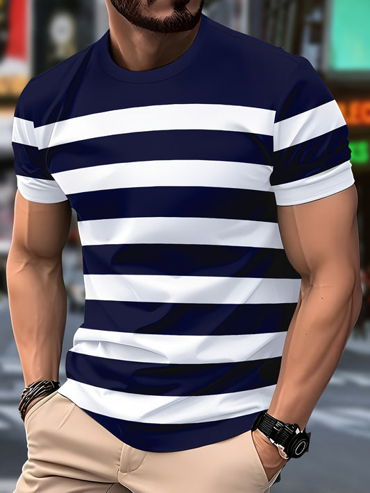 Men'S Casual Striped Short Sleeve T-Shirt - Navy Blue & White Vertical Stripes, Crew Neck, Regular Fit, Lightweight Polyester Fabric, Perfect for Casual Attire, Everyday Tshirt | Classic Striped Tee | Lightweight Shirt