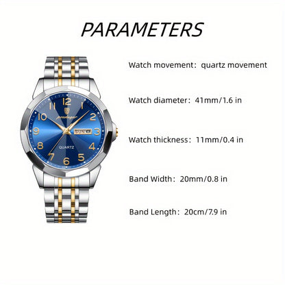 1pc BINBOND Men'S Fashion Watch, Luxury Dual Calendar Quartz Wristwatch, Business Style, Round Alloy Case, Stainless Steel Strap, Water-Resistant, Luminous Pointer Display, Battery Powered, Perfect for Valentine's, Christmas,