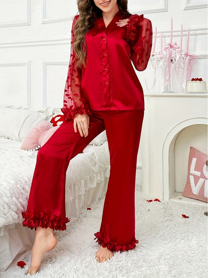 Elegant Women'S Lace-Trimmed Long Sleeve Pajama Set - Vibrant Red V-Neck Loungewear with Floral Lace Detail, Soft Polyester Blend for All Seasons