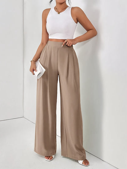 Women'S Elegant Wide Leg Pants - Beige Loose Fit with Elastic Waist, Comfortable Polyester Fabric for Spring/Summer Vacations, Casual Chic Style