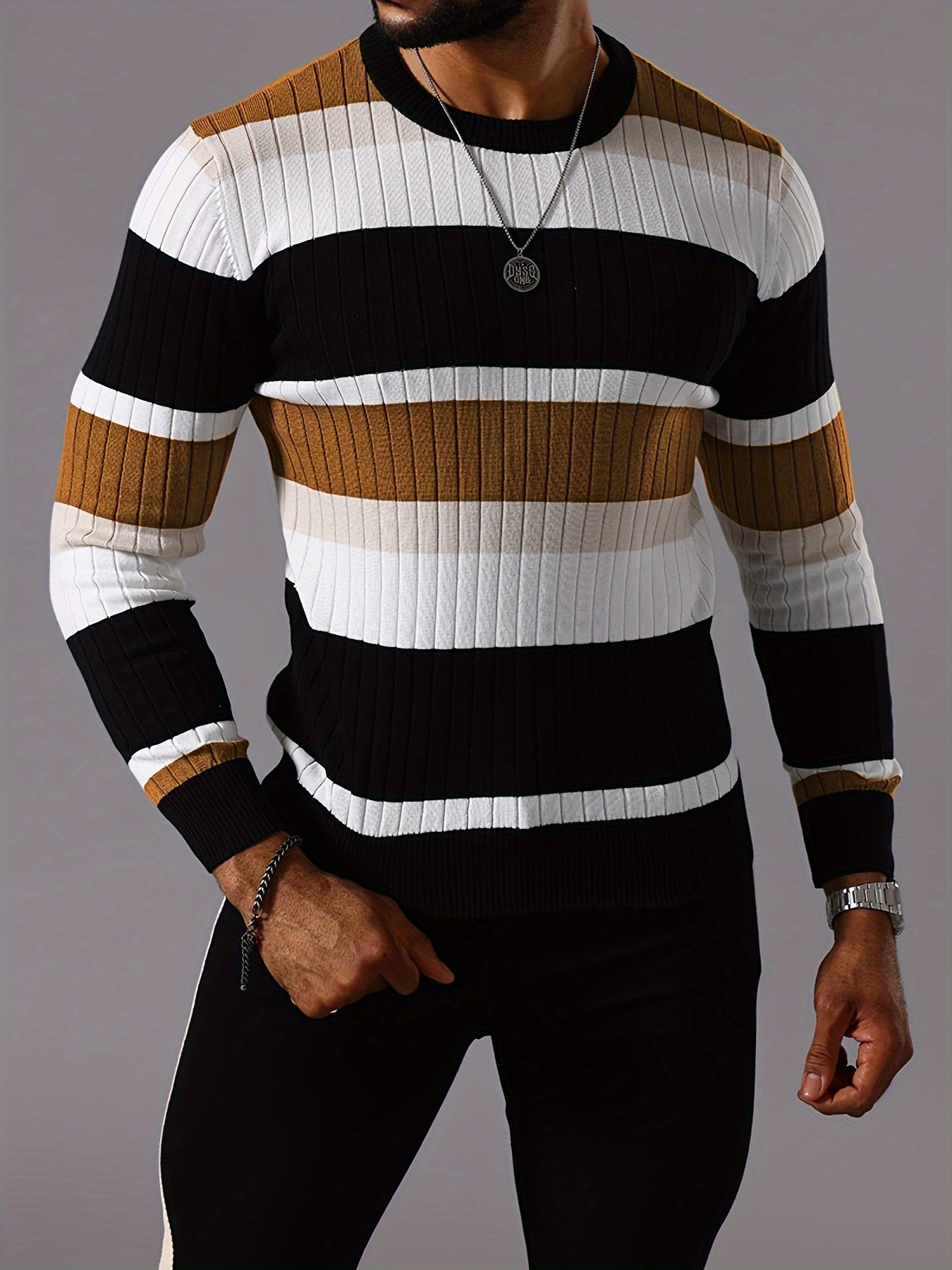 Men's Striped Color-Block Ribbed Knit Sweater - Long Sleeve Round Neck Pullover with Elastic Comfort Fit, Machine Washable Casual Fall Winter Top in Black/White/Green/Beige, Knit Sweater, Medium Elasticity