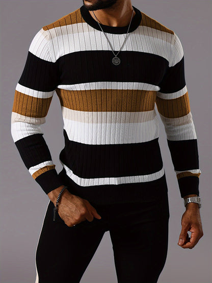Men's Striped Color-Block Ribbed Knit Sweater - Long Sleeve Round Neck Pullover with Elastic Comfort Fit, Machine Washable Casual Fall Winter Top in Black/White/Green/Beige, Knit Sweater, Medium Elasticity