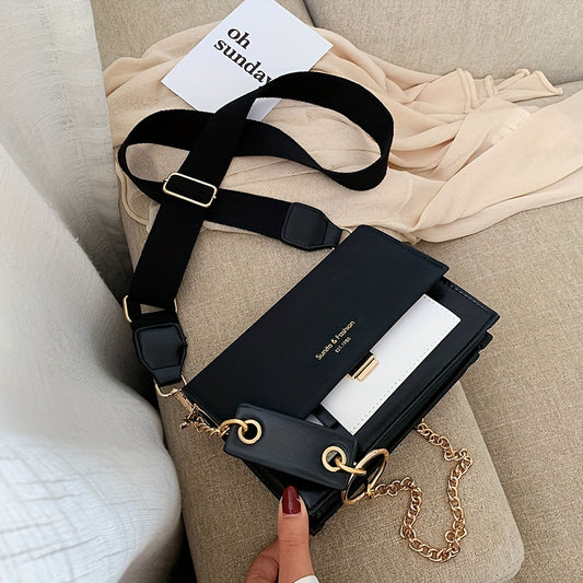 Chic Mini Crossbody Bag for Women - Stylish Synthetic Faux Leather with Golden Chain Strap, Buckle Closure, and Decorative Painted Edges - Perfect for Phone & Essentials