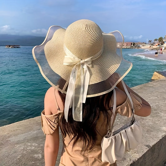 1pc Elegant Wide-Brimmed Bow Sun Hat for Women - -Proof Breathable Straw Beach Hat with Adjustable Opening, Solid Color Design for Weddings, Outdoor Leisure, Spring & Summer, Wedding Accessory, Secure Fit Design