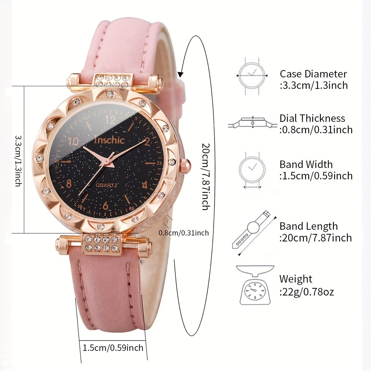 [6pcs Women'S Quartz Watch and Jewelry Set] 6pcs Women'S Quartz Watch and Butterfly Jewelry Set, Round Alloy Case, PU Leather Band, Analog Display with Rhinestone Embellishments, Non-Rechargeable Button Battery, with Gift Set