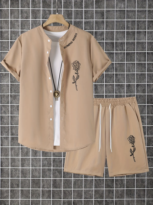 2pcs Printed Men's Summer Short Sleeve Button Shirt and Shorts Set