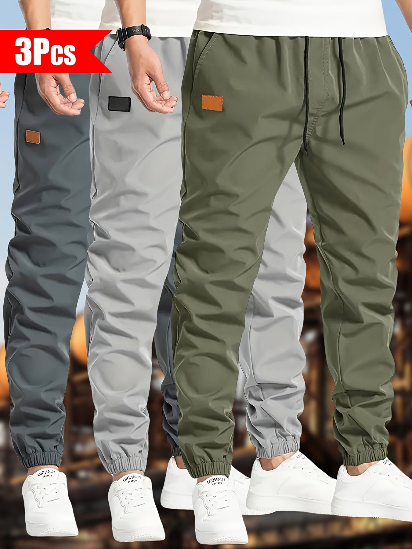 3pcs Men's Solid Color Drawstring Joggers - Casual Cargo Cropped Pants, Polyester, Machine Washable, in Black, Dark Gray, Olive Green with Patch Detail