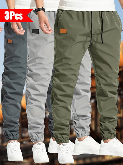 3pcs Men's Solid Color Drawstring Joggers - Casual Cargo Cropped Pants, Polyester, Machine Washable, in Black, Dark Gray, Olive Green with Patch Detail