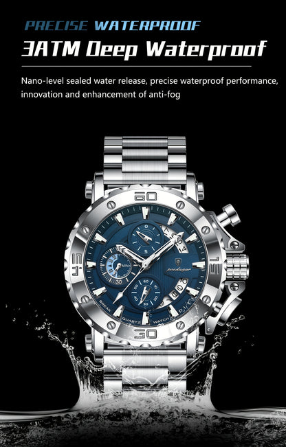 POEDAGAR Men'S Luxury Stainless Steel Business Watch with Date Display, 3ATM Blue Dial, Rotating Bezel, Alloy Case, Quartz Movement - Elegant Formal Accessory, Formal Accessory|Luxurious Watch|Quartz Movement Watch