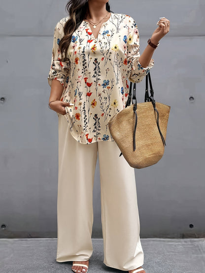 Plus Size, Oriented - Plus Size Women's Vacation Style Floral Shirt and Pants Set