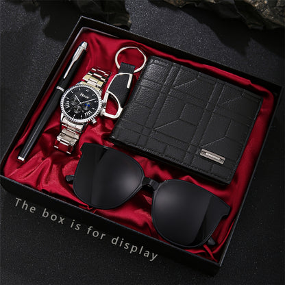 5pcs Elegant Men's Gift Set: Quartz Watch with Date Display, Stylish Wallet, Sleek Pen, Keychain & Pilot Fashion Glasses - Non-Waterproof, Alloy Case & Band, Perfect for Valentine's Day