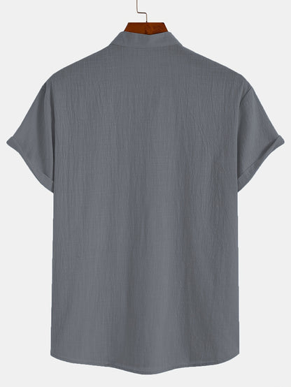 Men'S Classic Solid Color Pure Cotton And Bamboo Textured Breathable Fabric V-Neck Half-Button Design Suitable for Daily Casual Wear, Simple And Versatile, Stylish for Vacations, Hawaiian Style Light Blue Short-Sleeve Shirt.