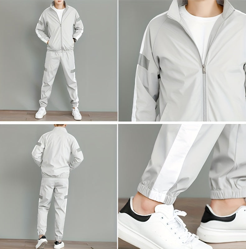 Men's Casual Sportswear Set - Black and White Striped Zip-Up Jacket with Reflective Accents & Matching Joggers, Polyester, Machine Washable, Ideal for Spring & Fall, Jogging Pants