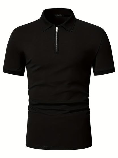 Casual Stretch Men's Solid Color Zipper Lapel Golf Shirt, Male Summer Streetwear