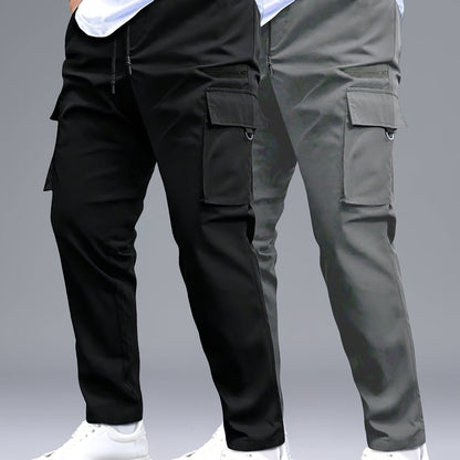 2pcs Men's Cargo Pants, Black & Gray with Drawstring Waist and Multiple Pockets, Durable Polyester, Ideal for Outdoor Activities and Casual Wear, Casual Wear Pants | Multiple Pocket Design | Durable Fabric Pants