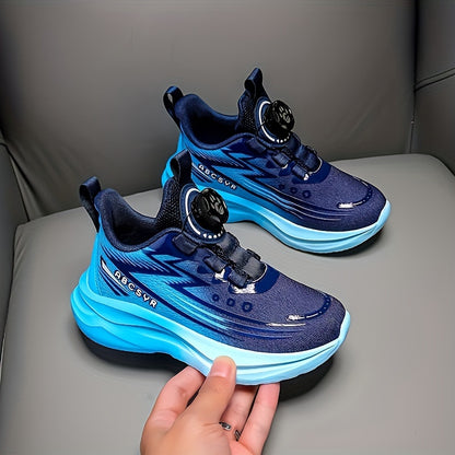 Youngsters' Rotating Buckle Sneakers - Breathable Mesh Sneakers for Boys and Girls, Navy Blue with Striped Design, Lightweight EVA Sole, Casual & Running Wear, Hand or Dry Clean Only