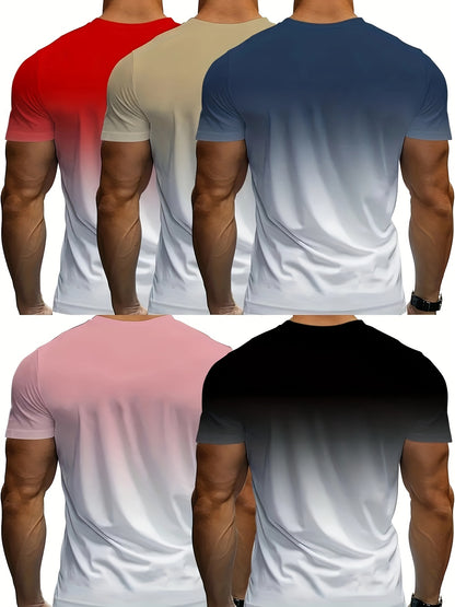 Men'S Fashion Novelty T-Shirt Set of 5pcs: Black, White, Red, Pink, Beige, Casual Crew Neck, Regular Fit, Slight Stretch Fabric, Printed Pattern, Casual Wear, Novelty Design, Comfortable Fit
