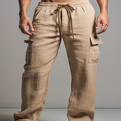 Solid Retro Men's Cotton And Linen Drawstring Long Trousers With Multiple Pockets, Outdoor Daily