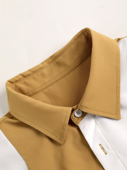 Men'S Casual Two-Piece Spring/Summer Color Block Short Sleeve Shirt and Pants Set - Polyester, Regular Fit, Button-Up with Pocket, No Belt, All-Season Wear, Casual Attire|Casual Style|Polyester Fabric